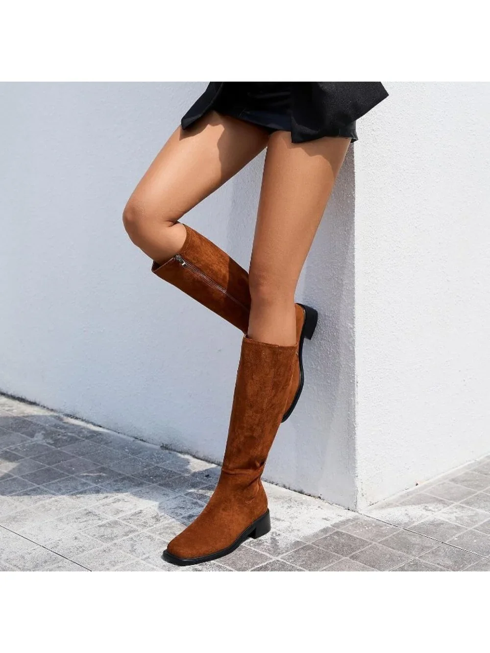 Women's Brown Faux Suede Square Toe Knee High Stretch With Side Zipper Boots